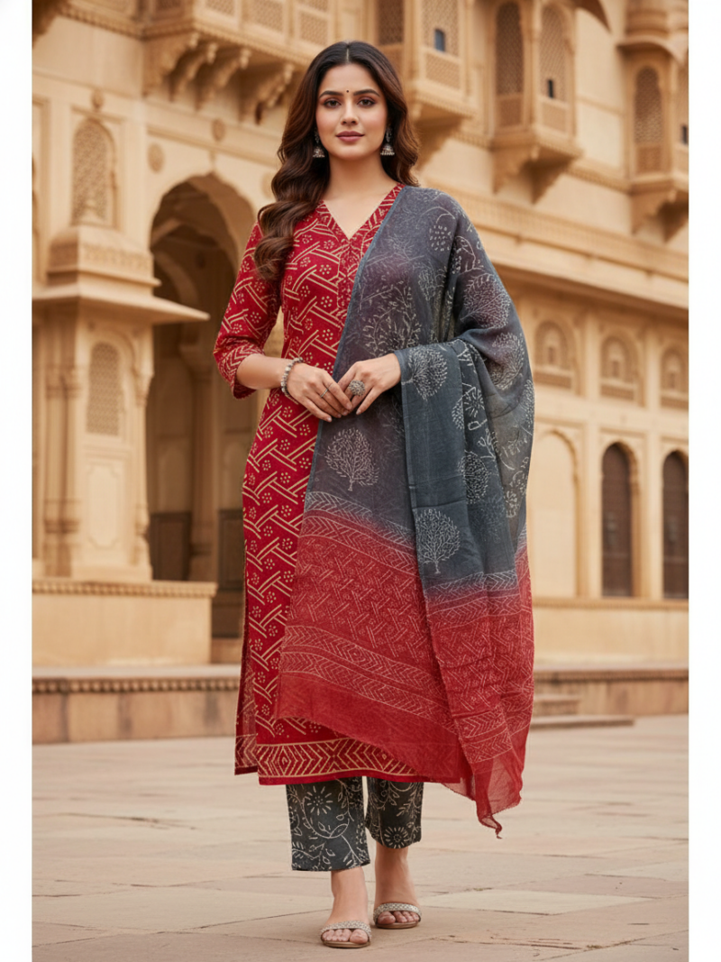 Pure Cotton hand block printed women's dress material with pure chiffon dupatta - Red and Grey (Unstitched)