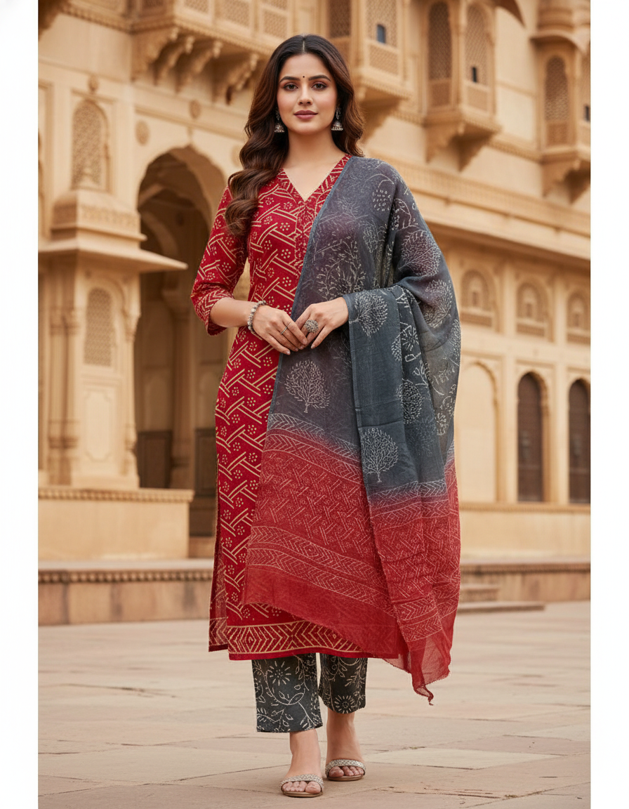 Pure Cotton hand block printed women's dress material with pure chiffon dupatta - Red and Grey (Unstitched)