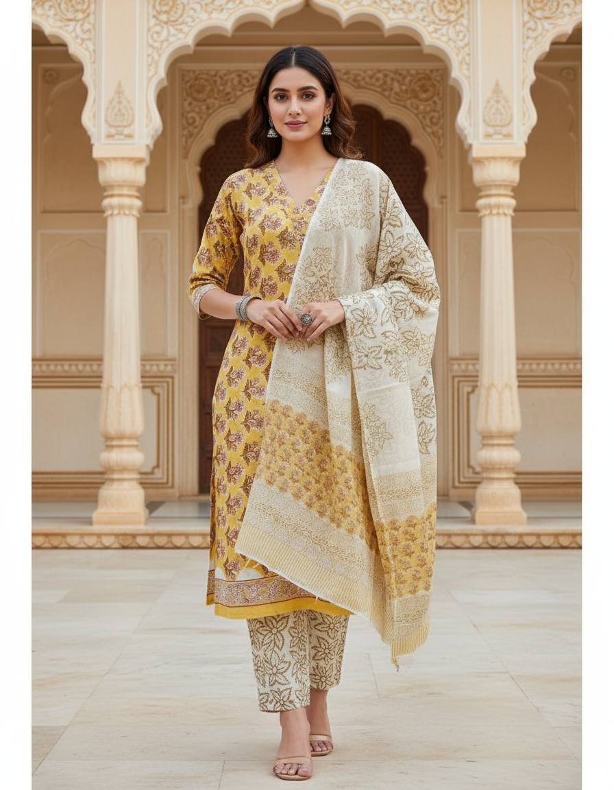 Pure Cotton hand block printed women's dress material with pure chiffon dupatta - Yellow (Unstitched)