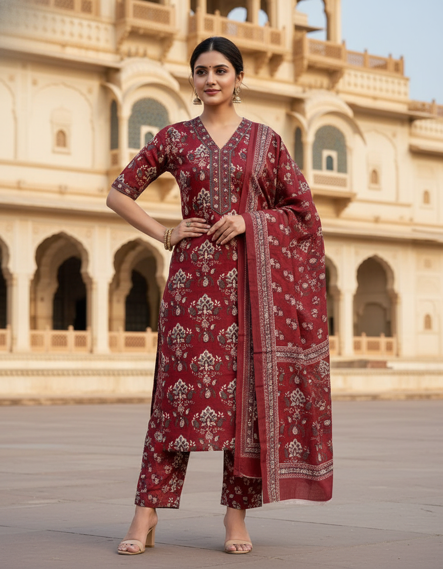 Pure Cotton Digital printed women's dress material with pure cotton dupatta - Brown (Unstitched)