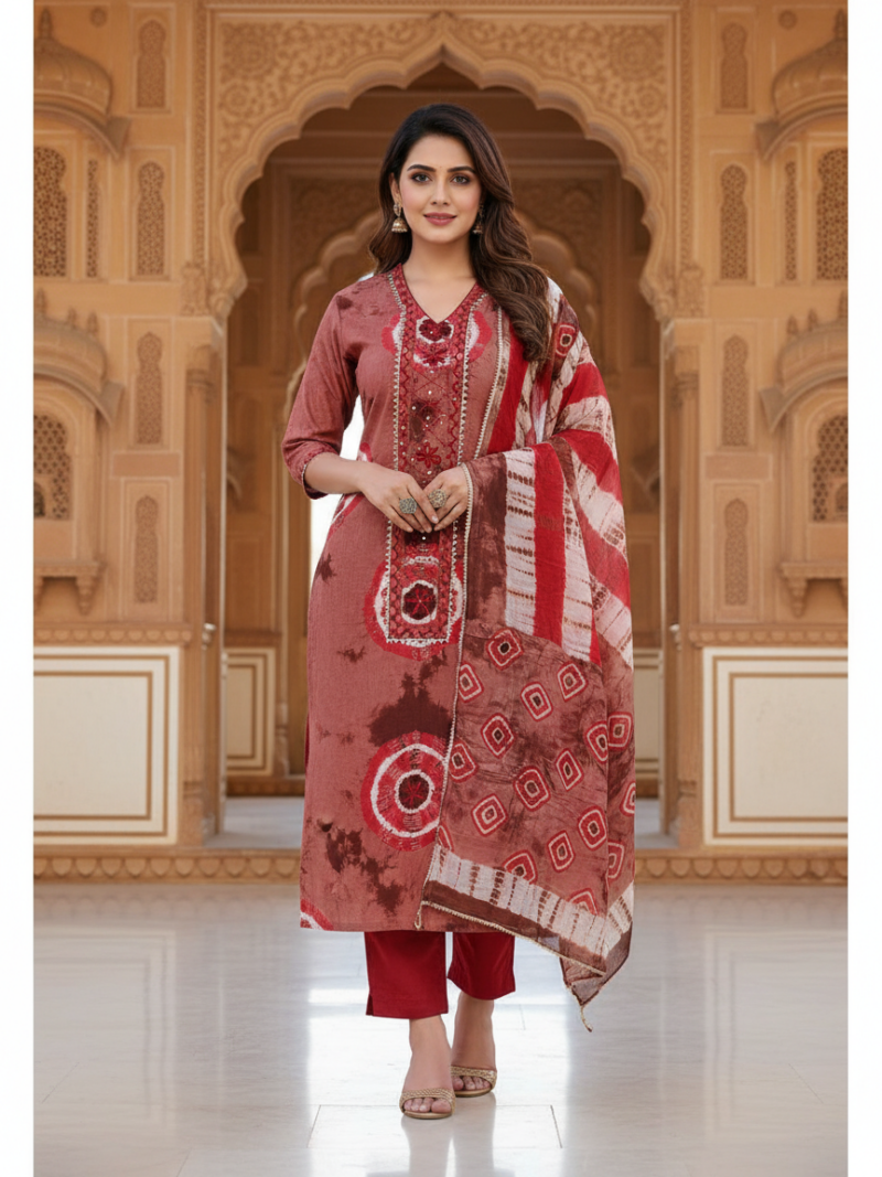 Pure Cotton tie and dye printed women's dress material with pure cotton dupatta - Brown (Unstitched)