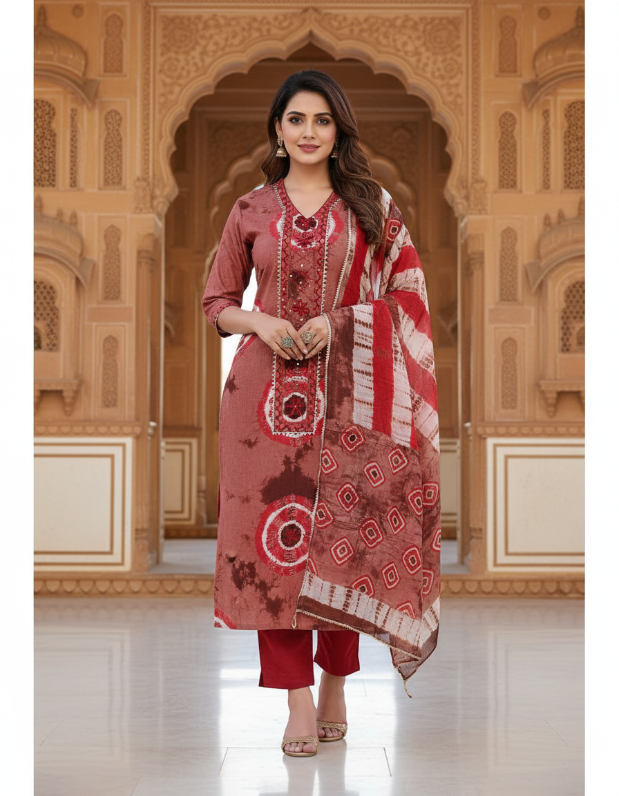 Pure Cotton tie and dye printed women's dress material with pure cotton dupatta - Brown (Unstitched)