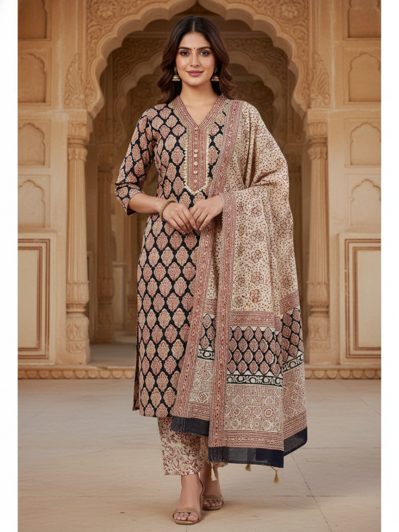 Pure Cotton hand block printed women's dress material with pure cotton dupatta - Black (Unstitched)