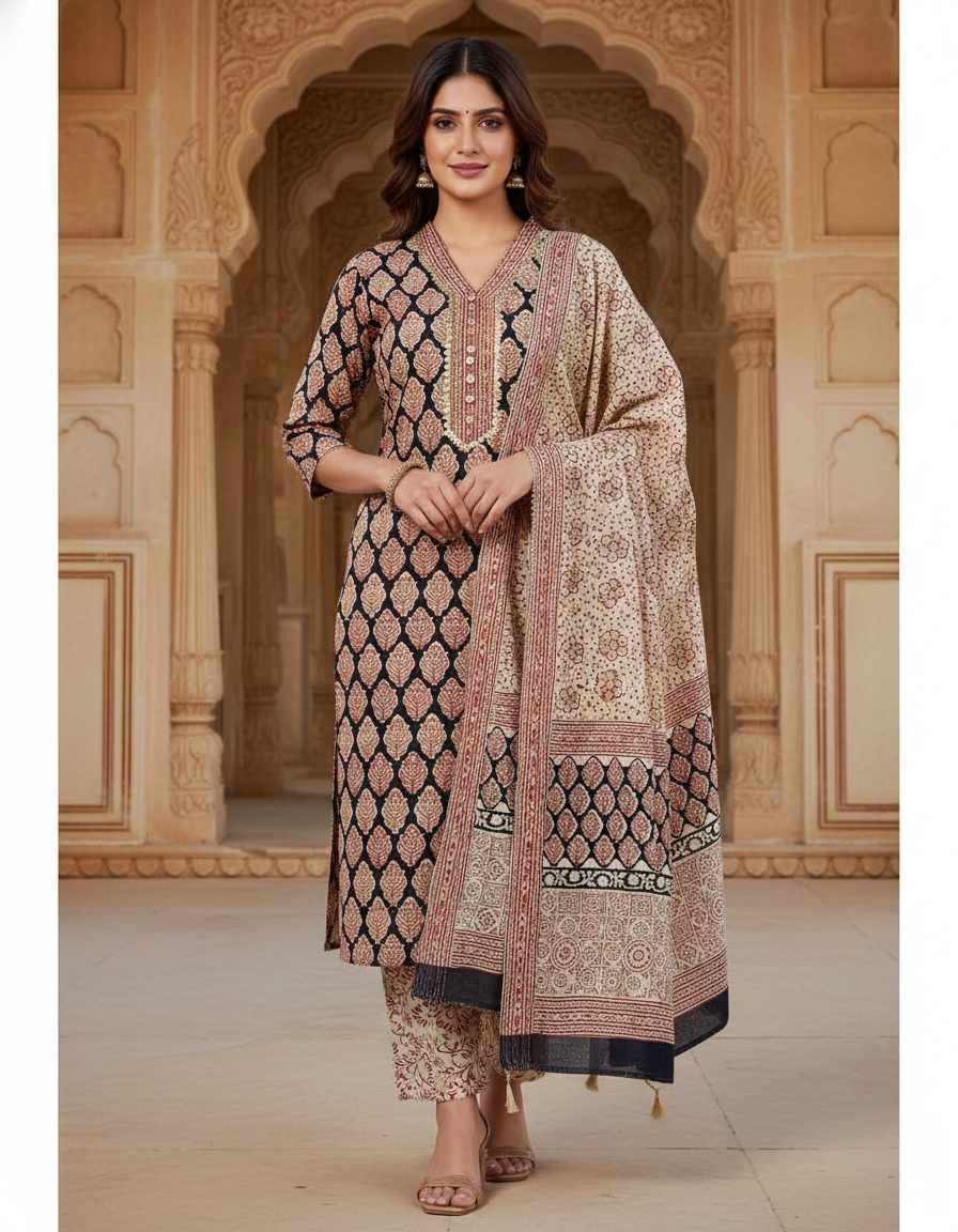 Pure Cotton hand block printed women's dress material with pure cotton dupatta - Black (Unstitched)
