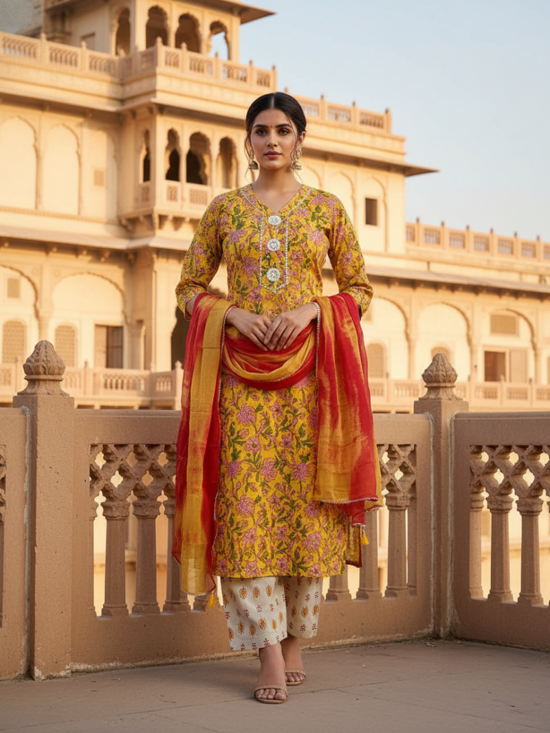 Pure Cotton hand block printed women's dress material with pure Chiffon dupatta - Yellow and Red (Unstitched)