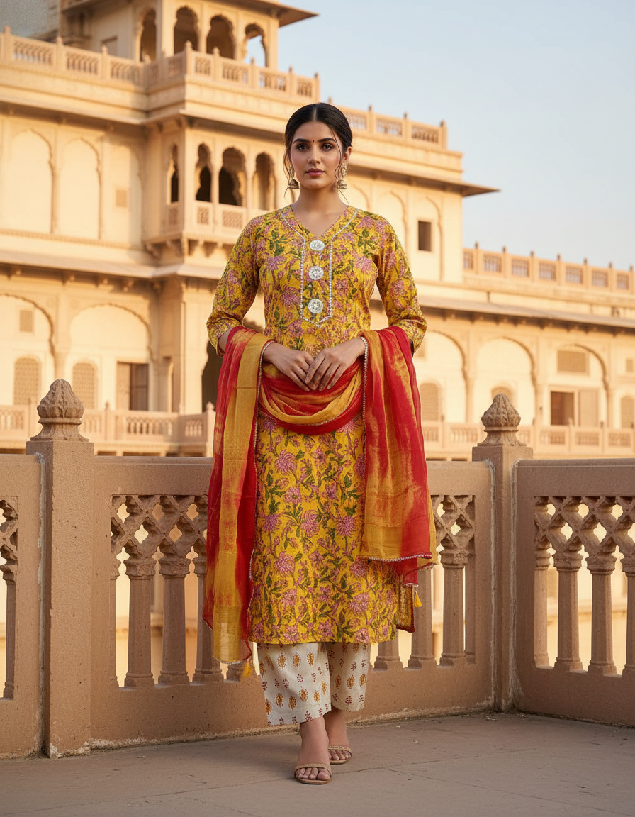 Pure Cotton hand block printed women's dress material with pure Chiffon dupatta - Yellow and Red (Unstitched)