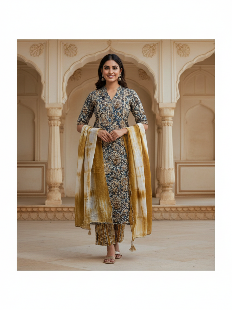 Pure Cotton hand block printed women's dress material with pure Chiffon dupatta - Green and Yellow (Unstitched)