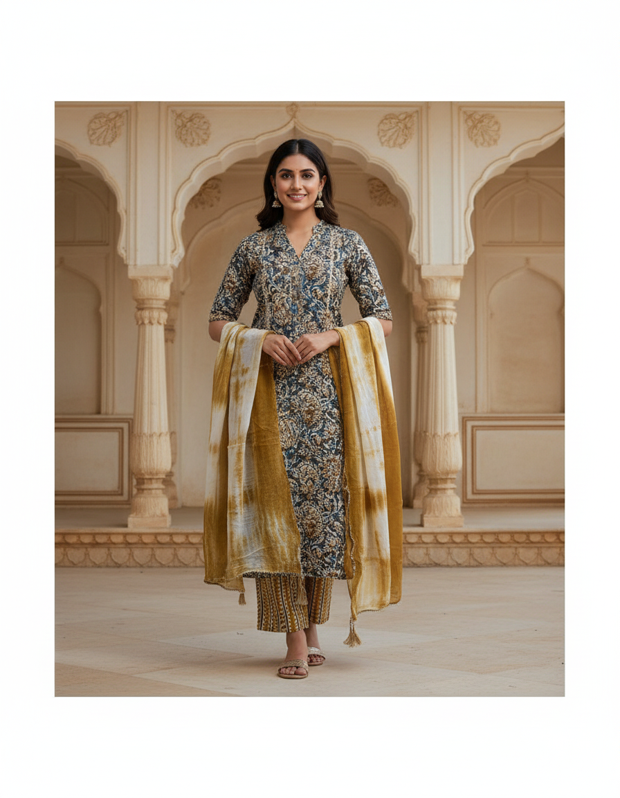 Pure Cotton hand block printed women's dress material with pure Chiffon dupatta - Green and Yellow (Unstitched)