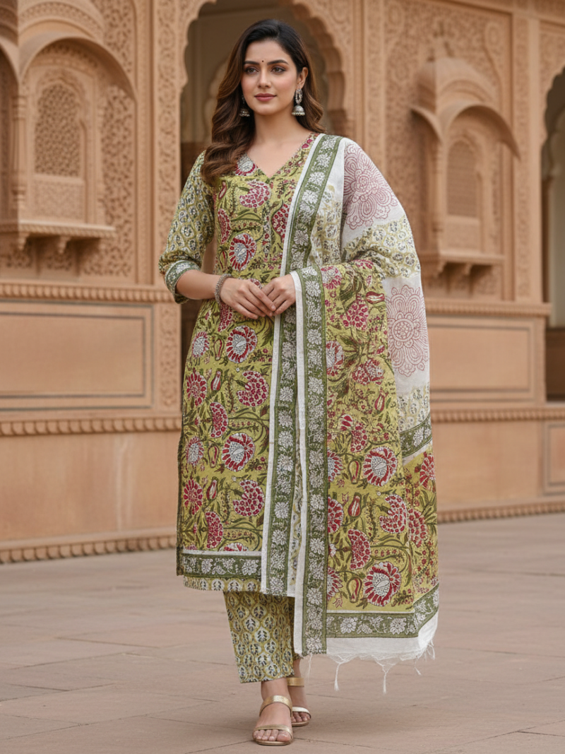 Pure Cotton hand block printed women's dress material with pure cotton dupatta - Green and White (Unstitched)
