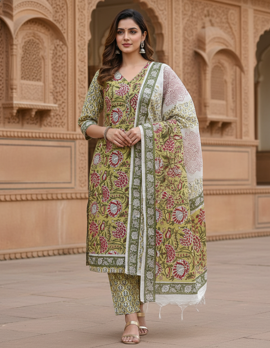 Pure Cotton hand block printed women's dress material with pure cotton dupatta - Green and White (Unstitched)
