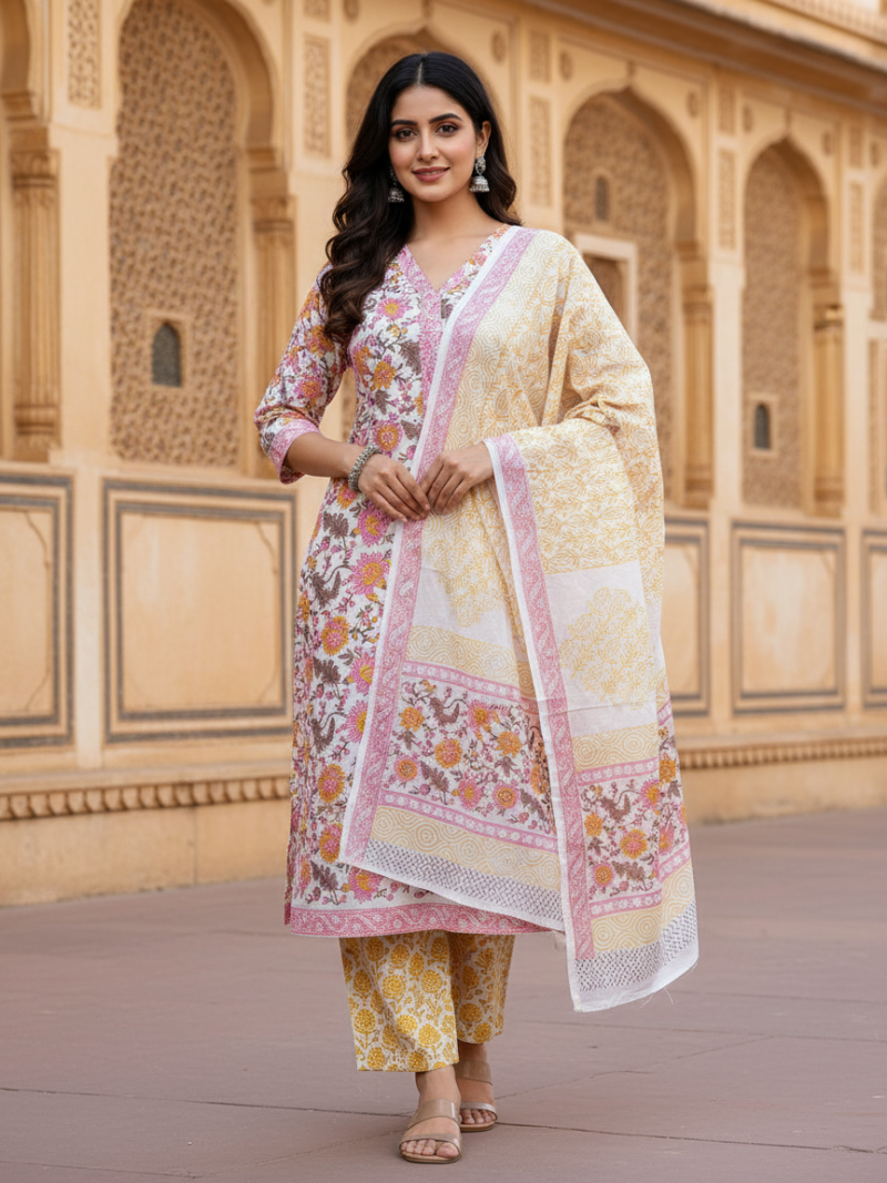 Pure Cotton hand block printed women's dress material with pure cotton dupatta - Pink and White (Unstitched)