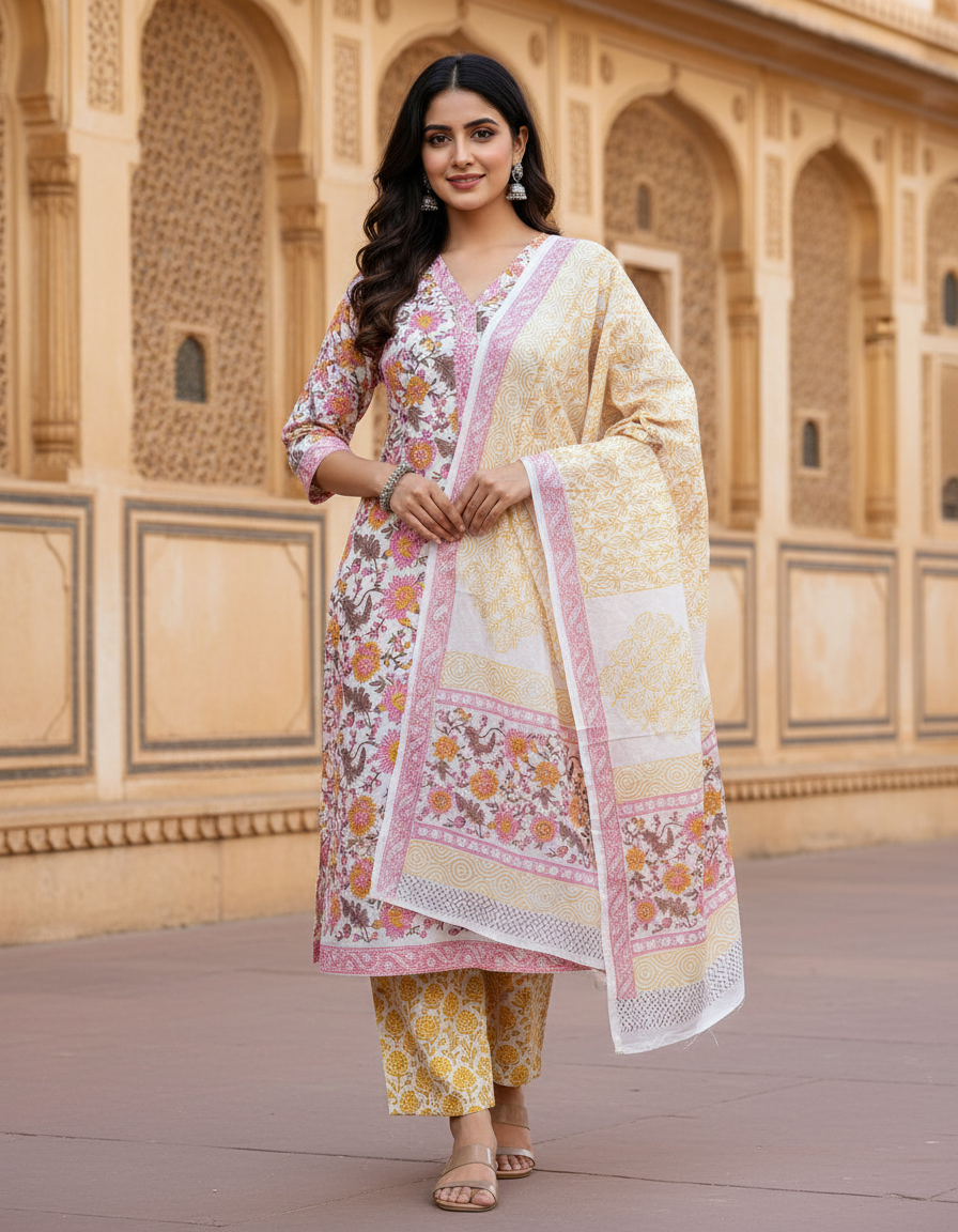 Pure Cotton hand block printed women's dress material with pure cotton dupatta - Pink and White (Unstitched)