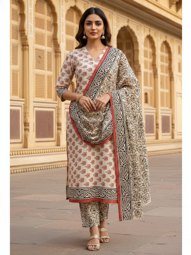 Pure Cotton hand block printed women's dress material with pure chiffon dupatta - Cream and Brown (Unstitched)