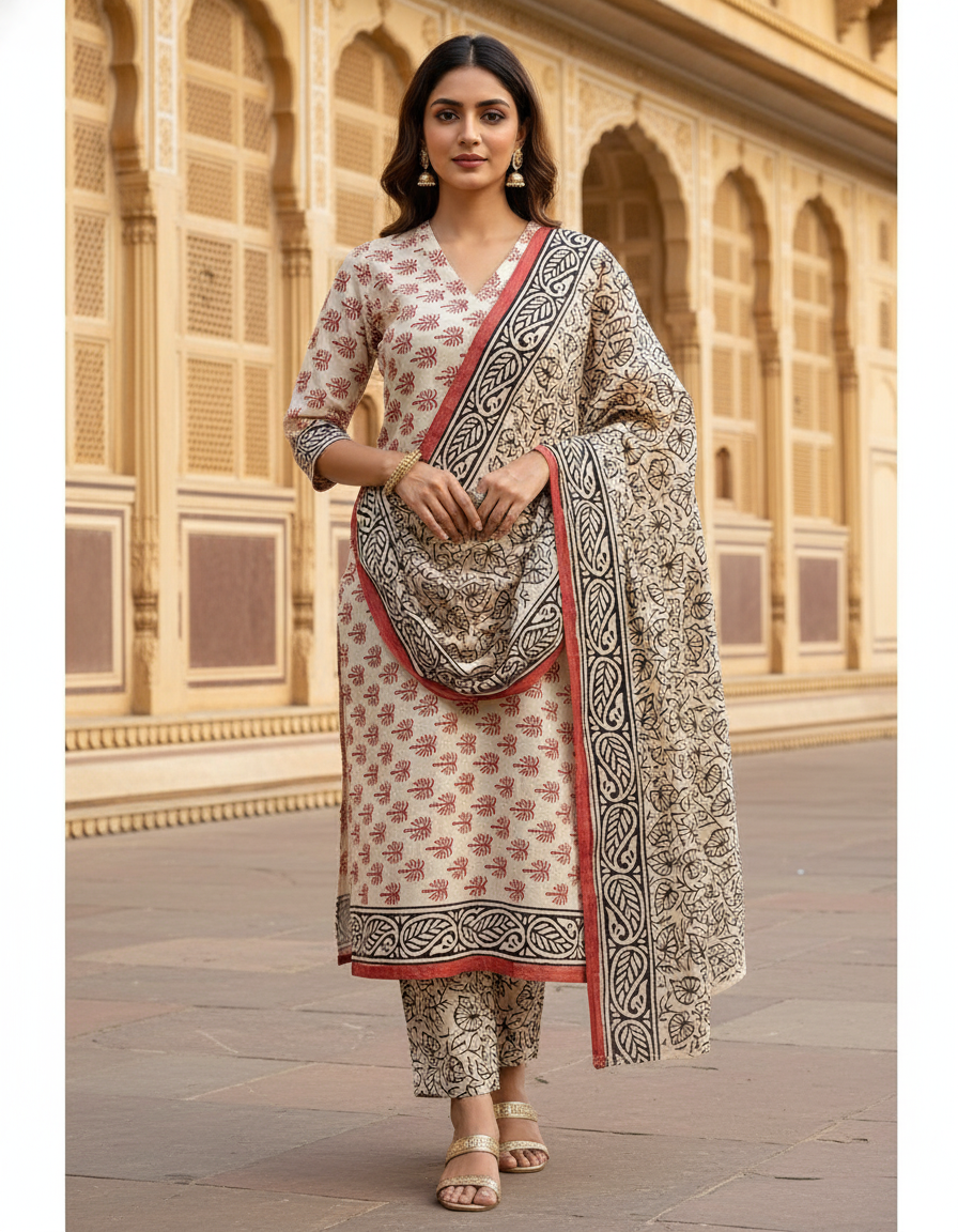 Pure Cotton hand block printed women's dress material with pure chiffon dupatta - Cream and Brown (Unstitched)