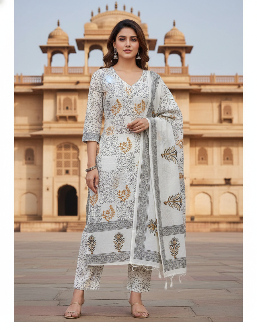 Pure Cotton hand block printed women's dress material with pure cotton dupatta - White and Grey (Unstitched) - Image 6