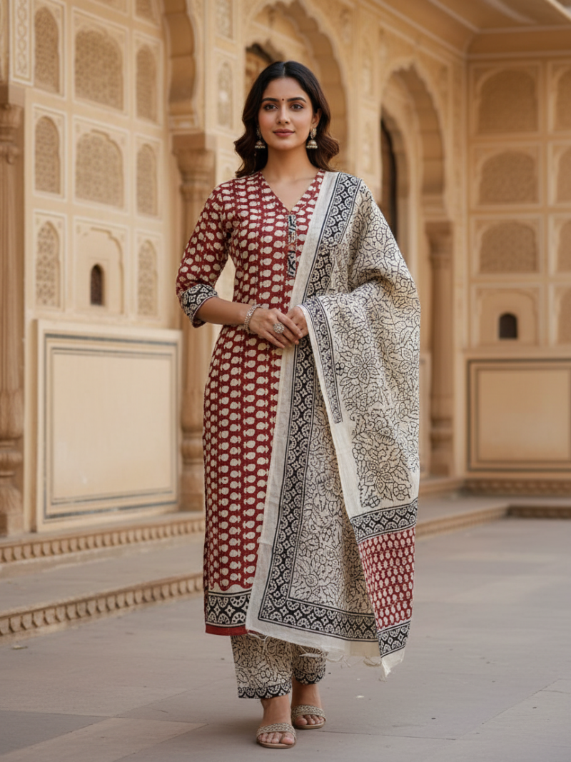 Pure Cotton hand block printed women's dress material with pure cotton dupatta - Brown and Cream (Unstitched)