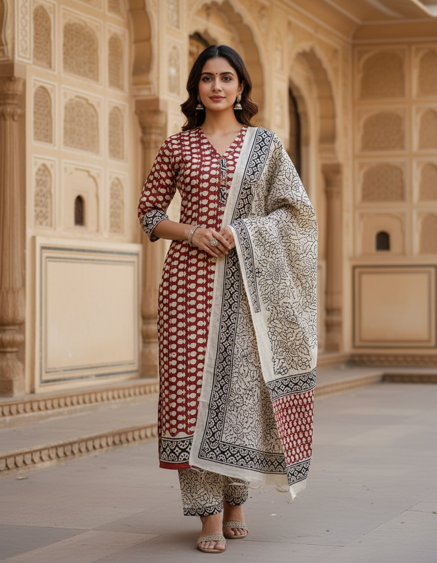 Pure Cotton hand block printed women's dress material with pure cotton dupatta - Brown and Cream (Unstitched)