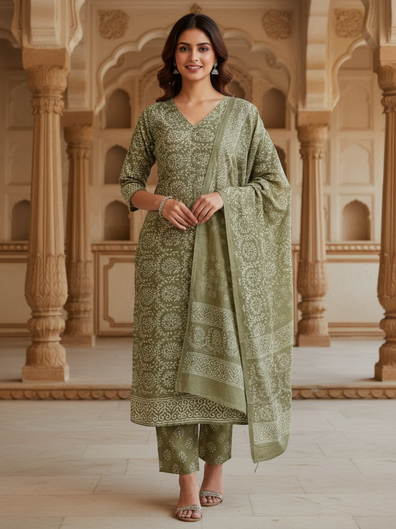 Pure Cotton hand block printed women's dress material with pure cotton dupatta - Green (Unstitched)