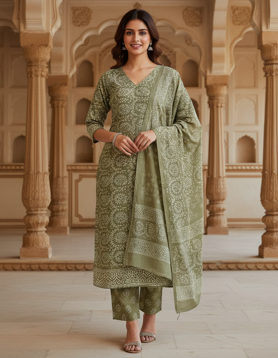 Pure Cotton hand block printed women's dress material with pure cotton dupatta - Green (Unstitched)