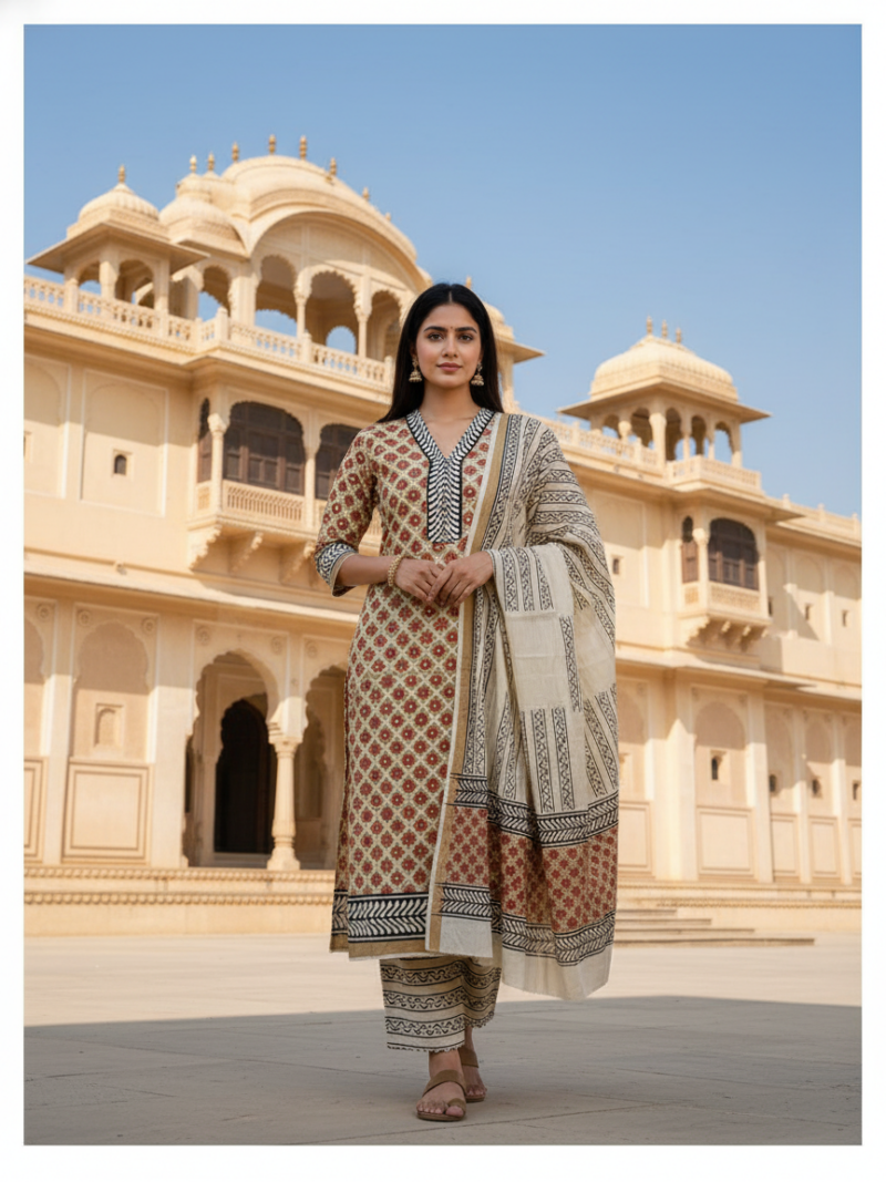 Pure Cotton hand block printed women's dress material with pure cotton dupatta - Brown and Cream (Unstitched)
