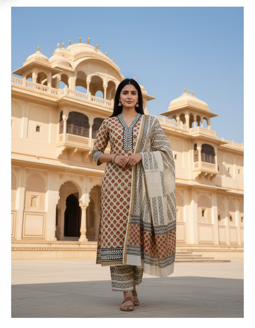 Pure Cotton hand block printed women's dress material with pure cotton dupatta - Brown and Cream (Unstitched)