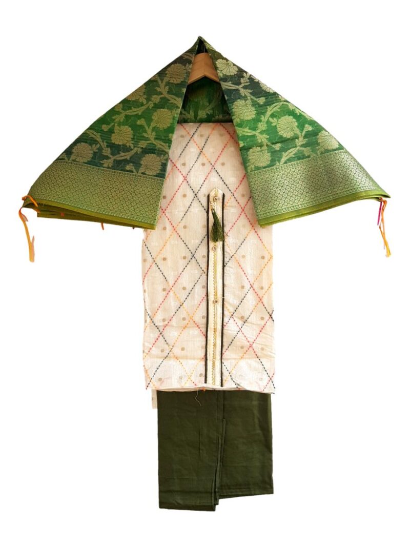 Unstitched Chanderi Dress material with Banarasi Dupatta -Cream and Green
