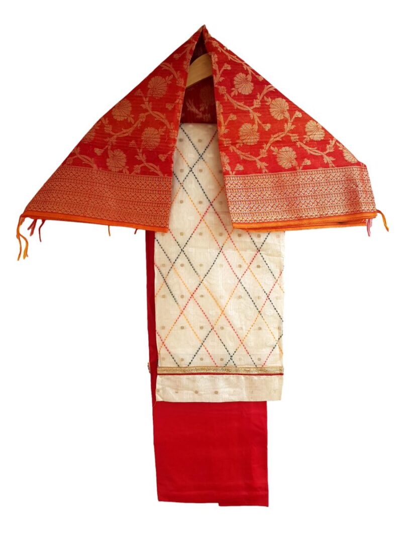 Unstitched Chanderi Dress material with Banarasi Dupatta -Cream and Red