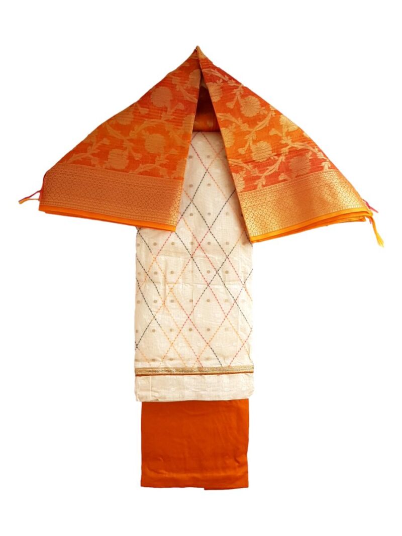 Unstitched Chanderi Dress material with Banarasi Dupatta - Mustard Yellow