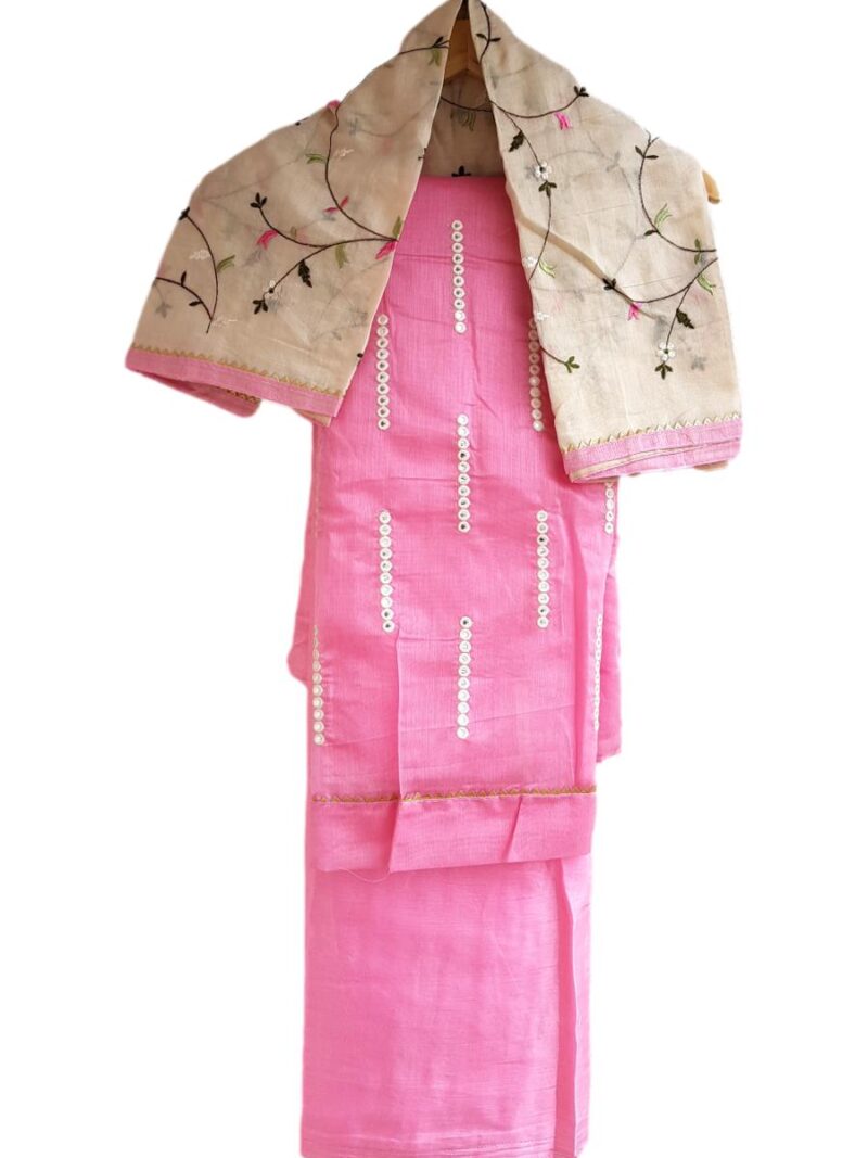 Unstitched Chanderi Dress material with embroidered chanderi dupatta - Pink