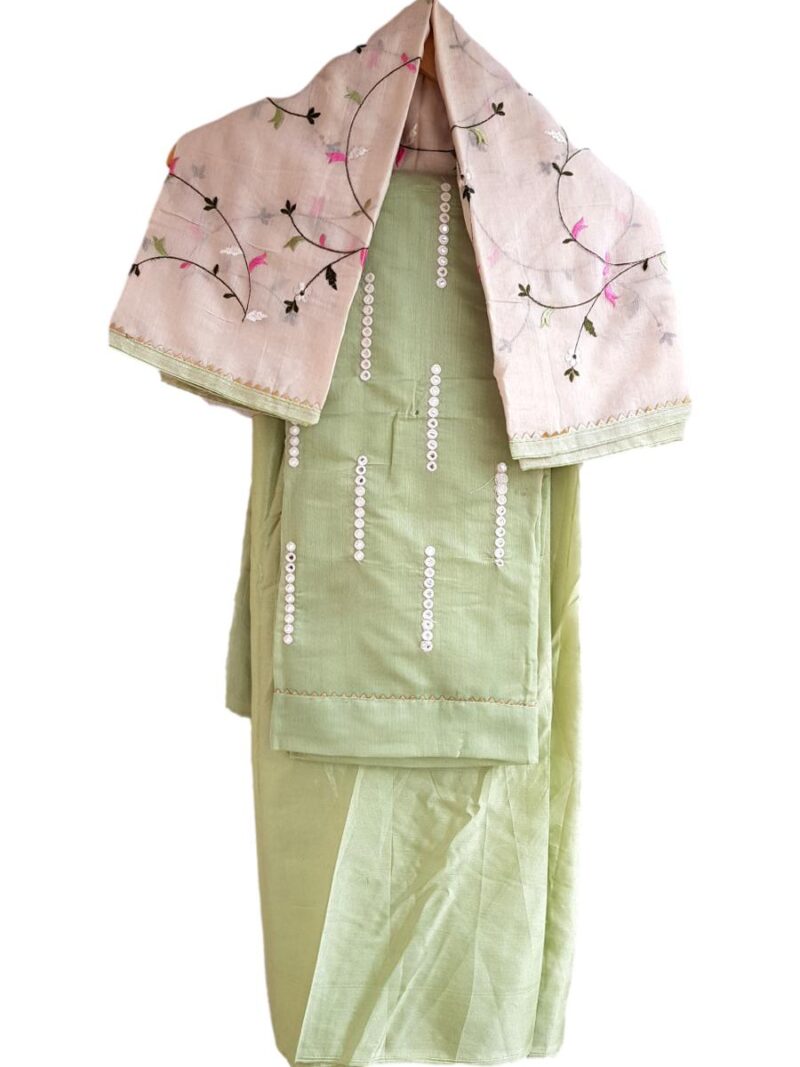 Unstitched Chanderi Dress material with embroidered chanderi dupatta - Green