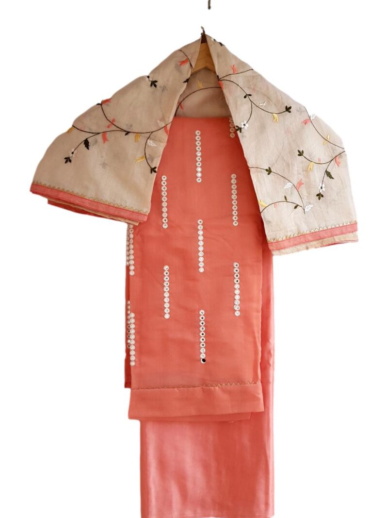 Unstitched Chanderi Dress material with embroidered chanderi dupatta - Orange
