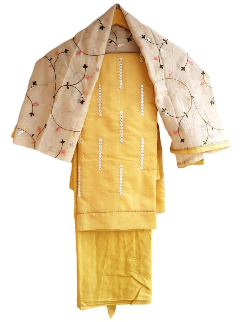Unstitched Chanderi Dress material with embroidered chanderi dupatta - Yellow