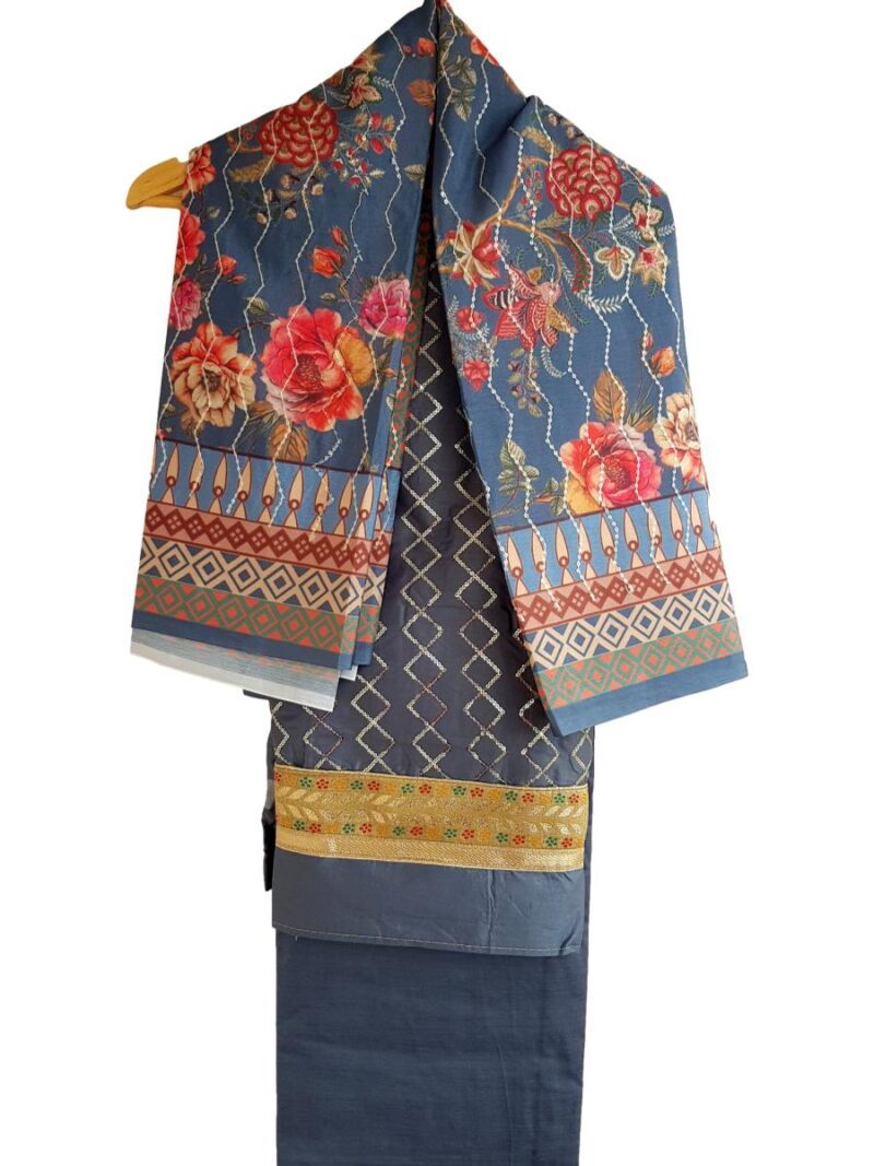 Unstitched Jam cotton Dress material with embroidered Jam dupatta - Grey