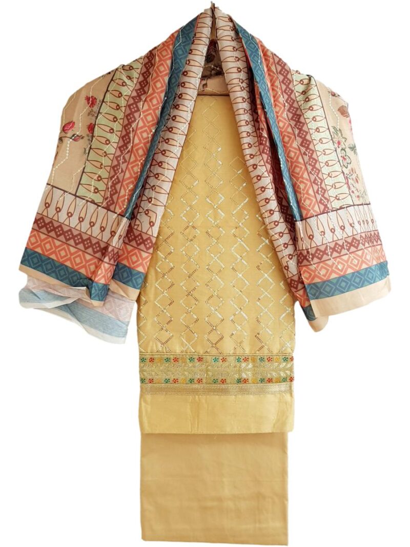 Unstitched Jam cotton Dress material with embroidered Jam dupatta - Gold