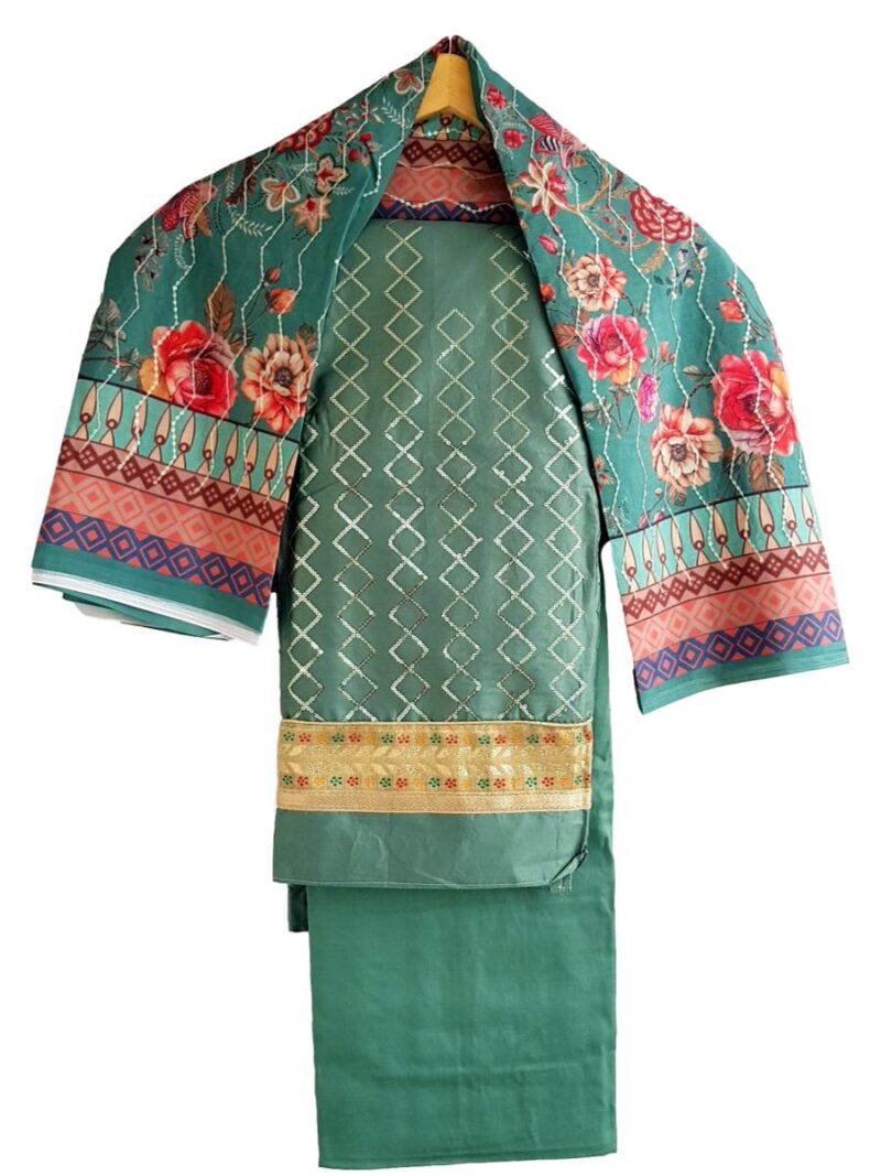 Unstitched Jam cotton Dress material with embroidered Jam dupatta - Green