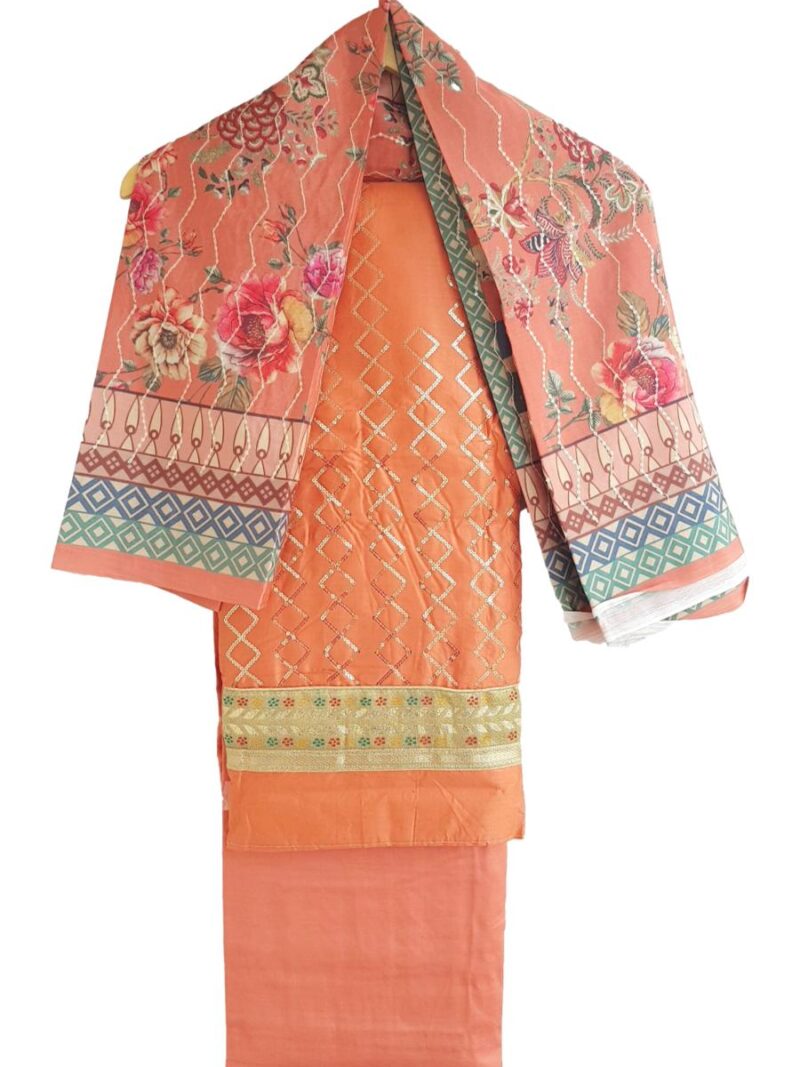 Unstitched Jam cotton Dress material with embroidered Jam dupatta - Orange