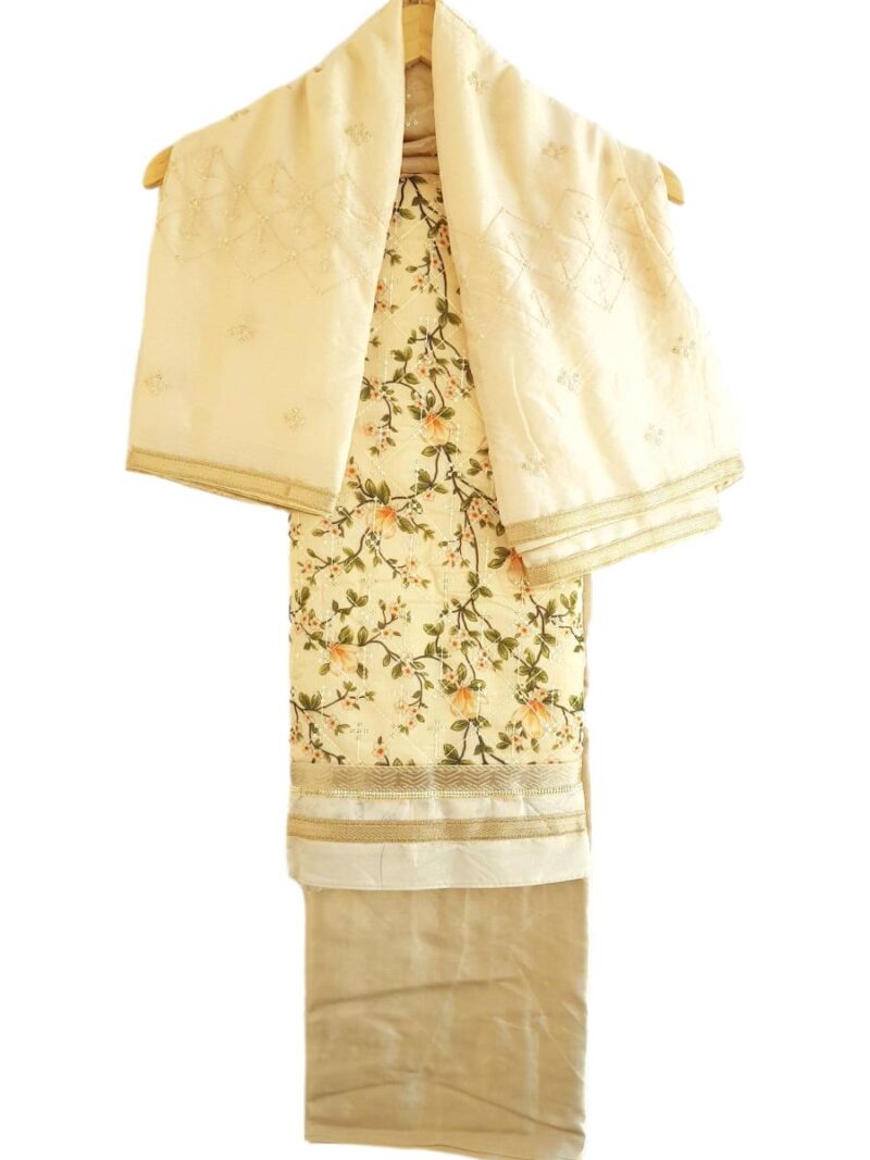 Unstitched Chanderi Dress material with embroidered chanderi dupatta - Beige