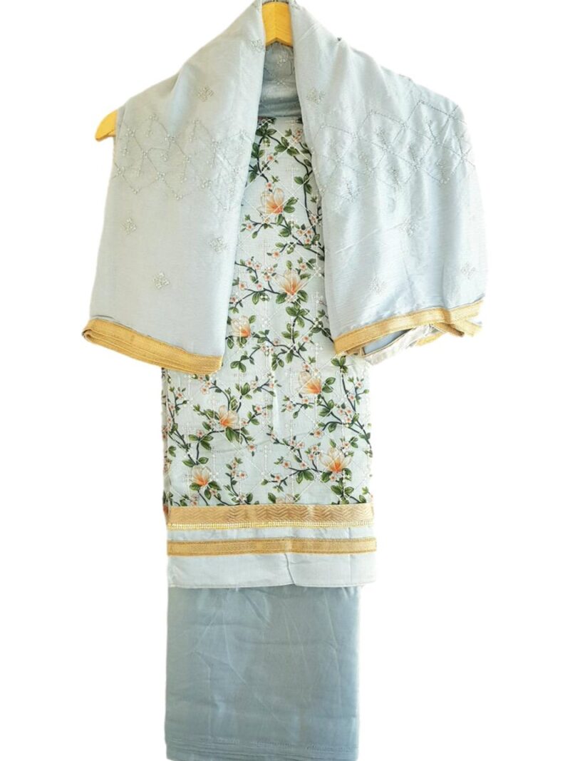 Unstitched Chanderi Dress material with embroidered chanderi dupatta - Blue