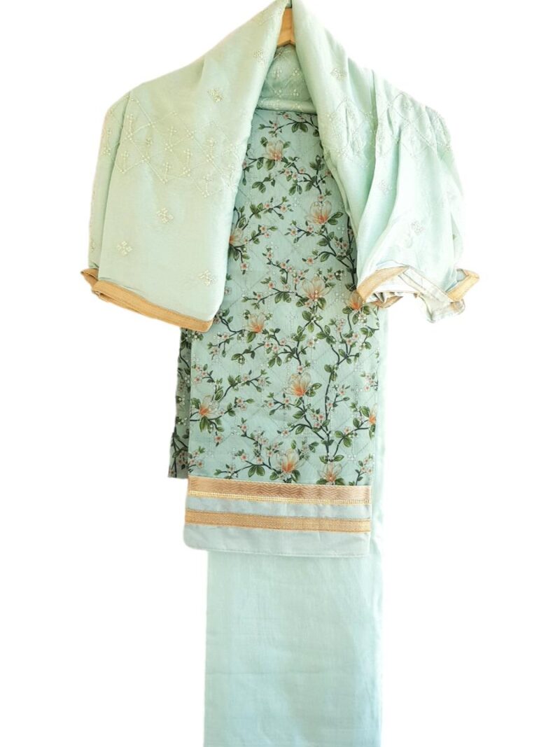 Unstitched Chanderi Dress material with embroidered chanderi dupatta - Green