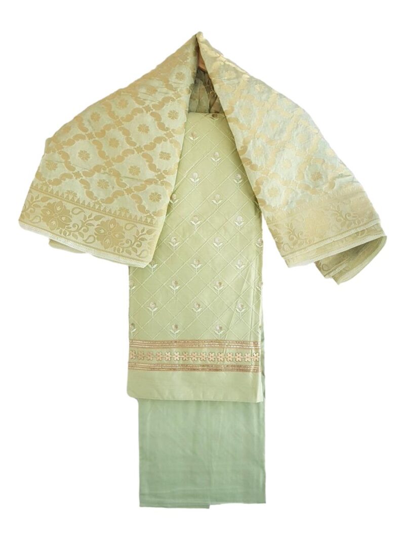 Unstitched Jam cotton Dress material with embroidered Jaquard dupatta - Pista Green