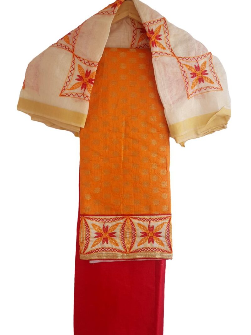 Unstitched Chanderi Dress material with embroidered chanderi dupatta - Orange