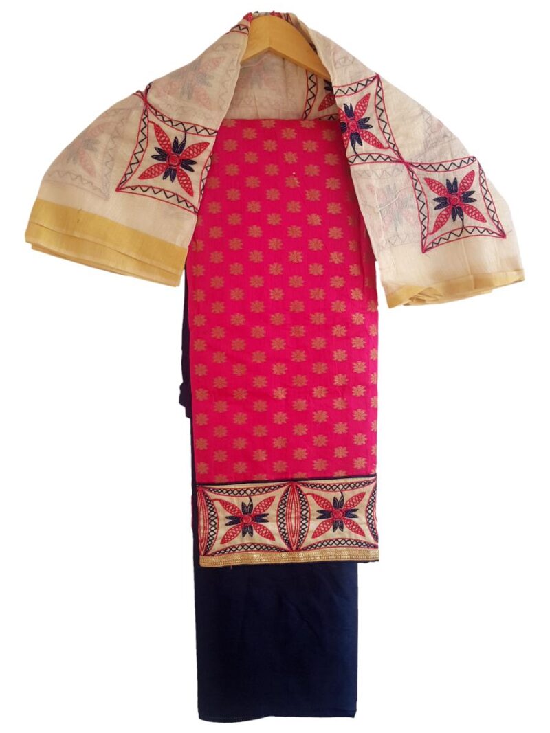 Unstitched Chanderi Dress material with embroidered chanderi dupatta - Pink and Navy Blue
