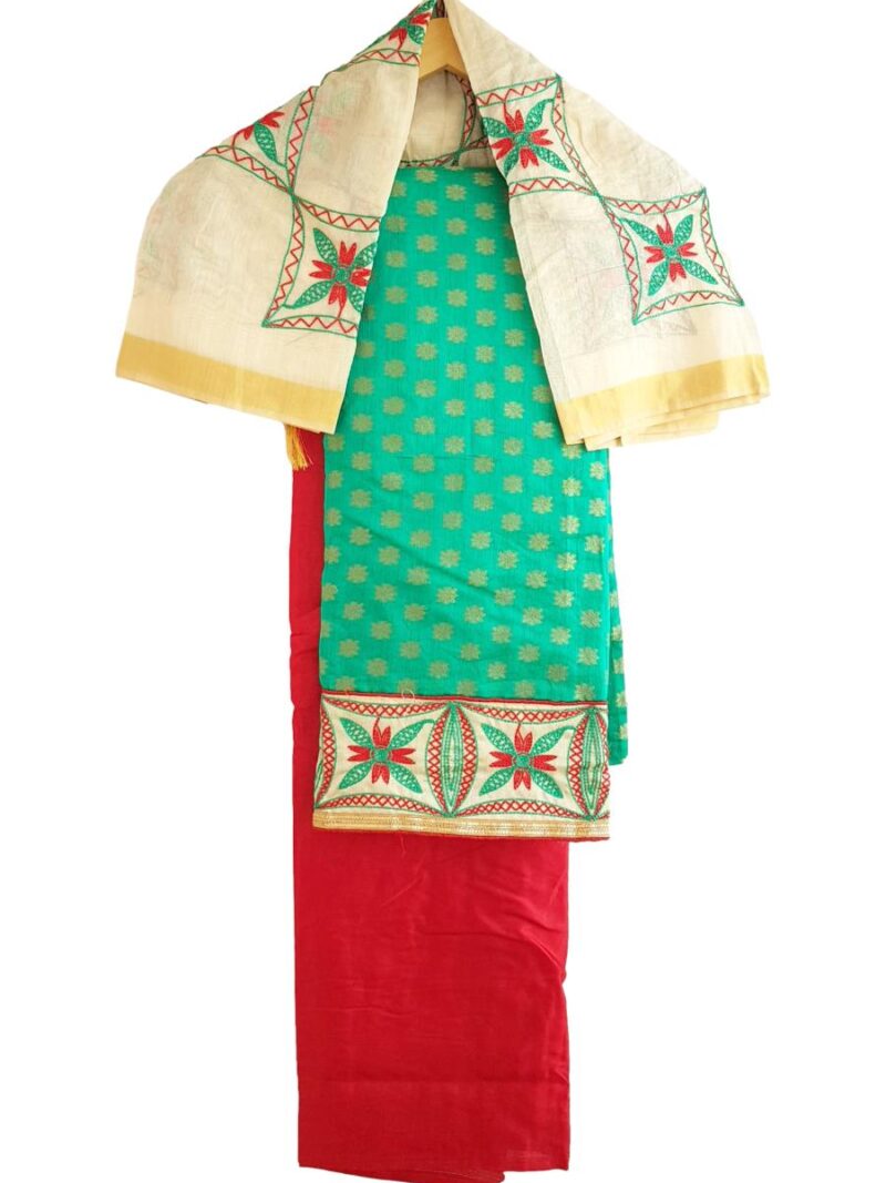 Unstitched Chanderi Dress material with embroidered chanderi dupatta - Green and Red