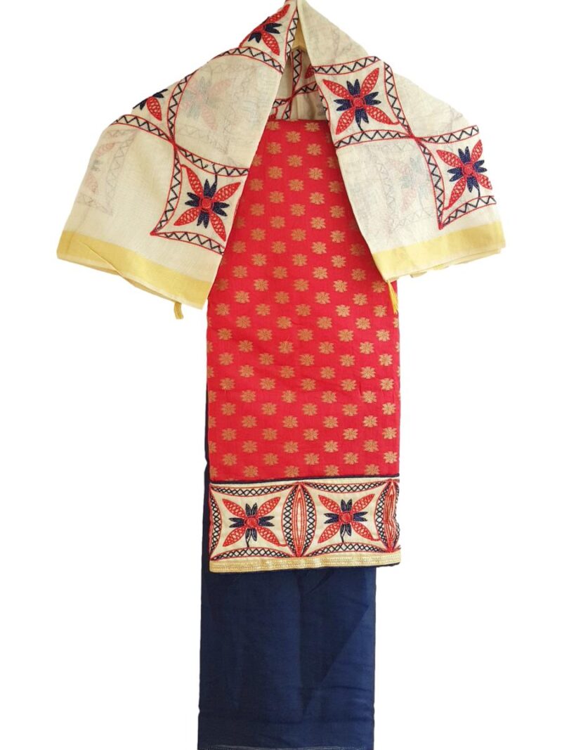 Unstitched Chanderi Dress material with embroidered chanderi dupatta - Red and Navy Blue