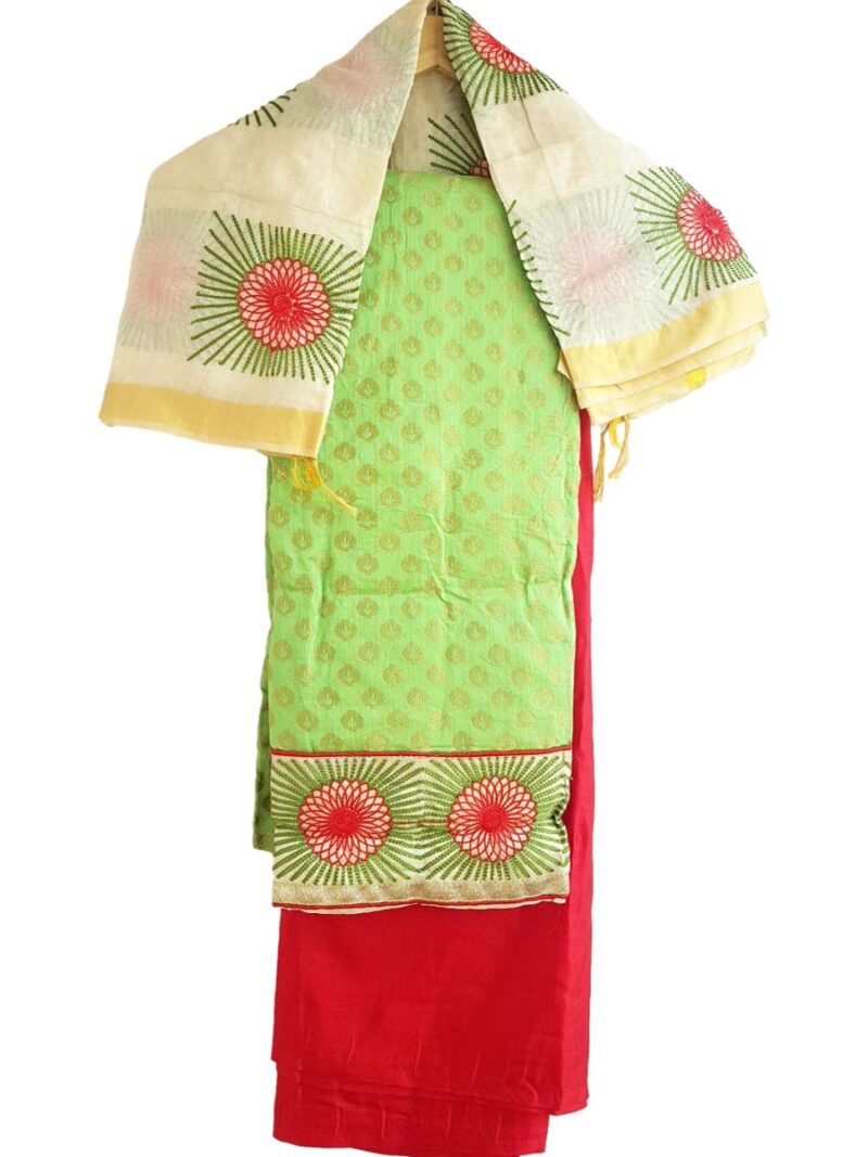 Unstitched Chanderi Dress material with embroidered chanderi dupatta - Green and Red