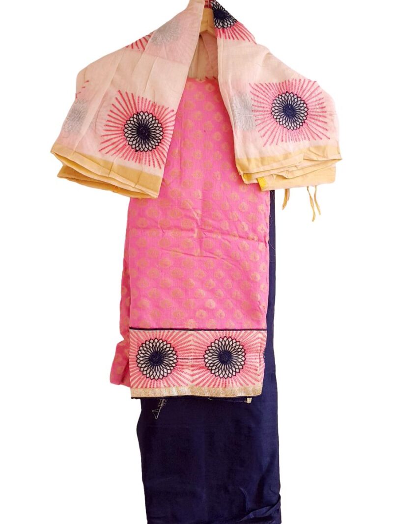 Unstitched Chanderi Dress material with embroidered chanderi dupatta - Pink and Navy