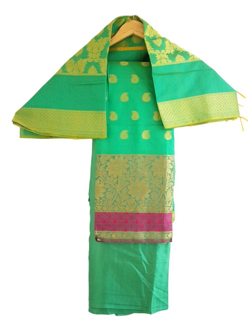 Unstitched Chanderi Dress material with embroidered chanderi dupatta - Green