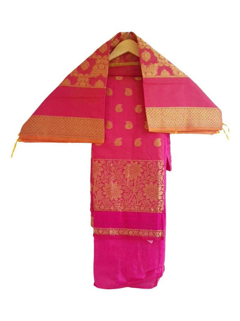 Unstitched Chanderi Dress material with embroidered chanderi dupatta - Pink