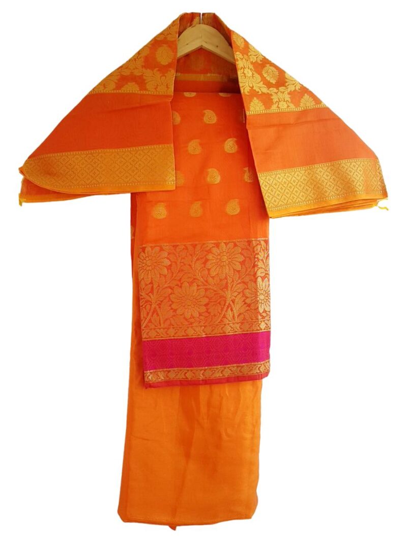Unstitched Chanderi Dress material with embroidered chanderi dupatta - Orange