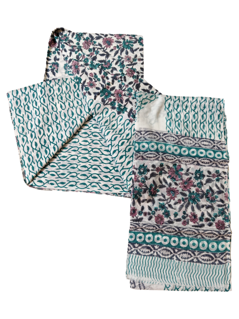 Pure Cotton hand block printed women's dress material with pure cotton dupatta - White and Green